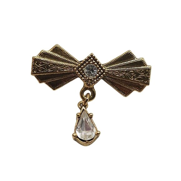Vintage 1928 Gold Tone Bow Brooch With Clear Rhinestone Drop - Picture 1 of 4